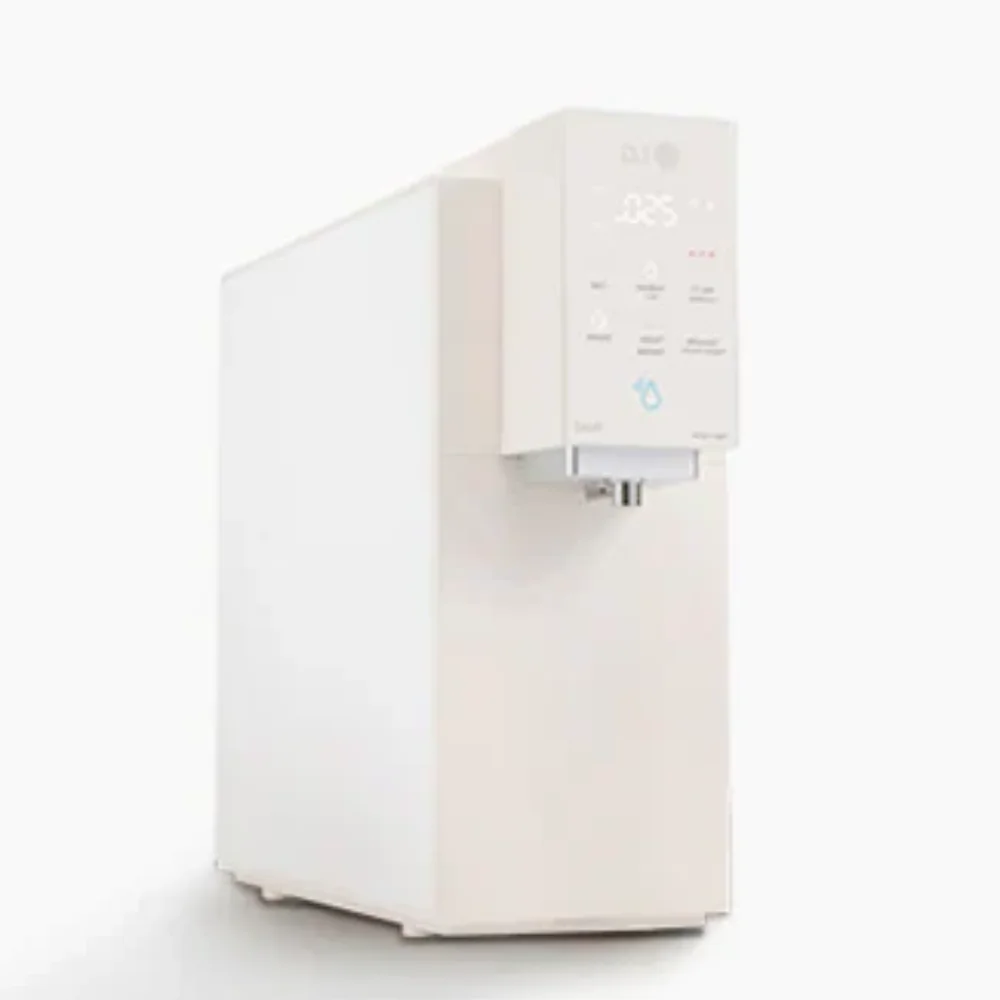 white cream water purifier with left side view