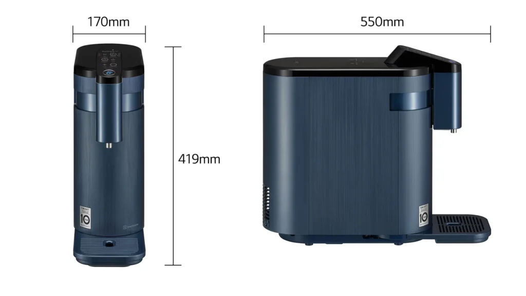 dimension of blue black water purifier with white background
