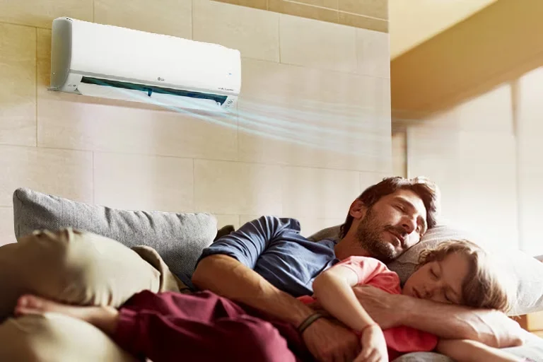 kids and father hugging with air conditioner